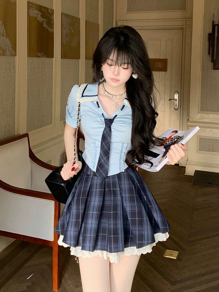 Summer New Preppy Y2K 2 Piece  - đánh giá và giá Elastic Lace Trim
